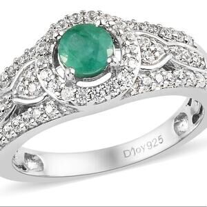 Beautiful Natural Emerald & White Zircon Ring in Platinum/Sterling